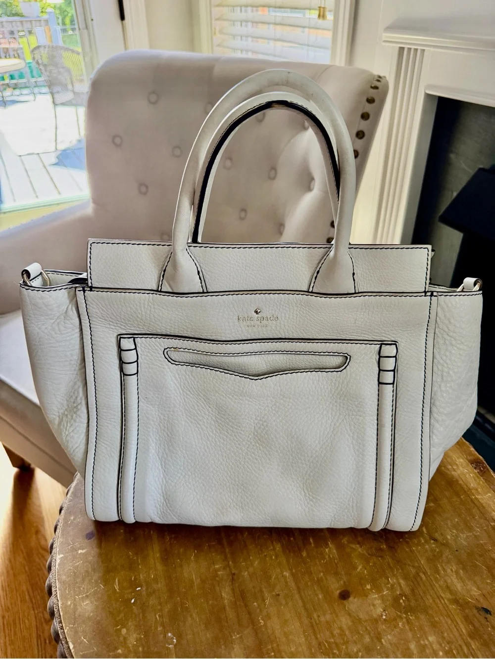 Kate Spade White Pebbled Leather Tote with Contrast Stitching